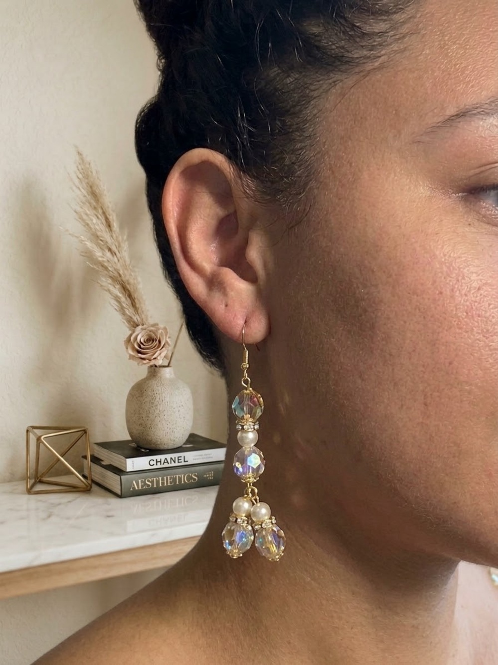 Handmade Iridescent Crystal Mermaid Tail Drop Earrings | Gold & Pearl